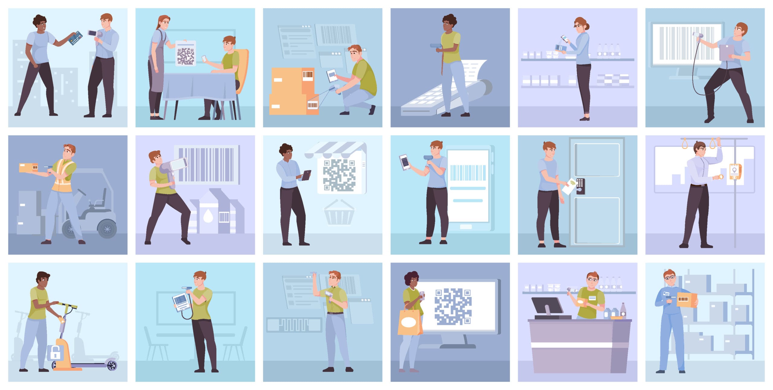 Diverse people using RFID technology in various applications, from retail to logistics.