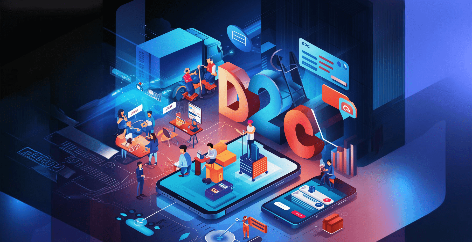 Illustration explaining What is D2C eCommerce with visuals of direct online selling and customer engagement