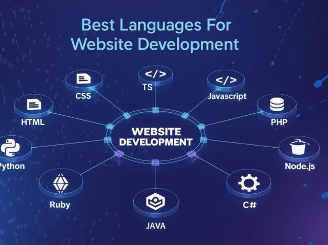 Best languages for website development Layered infographic of frontend, backend, and full-stack programming languages.