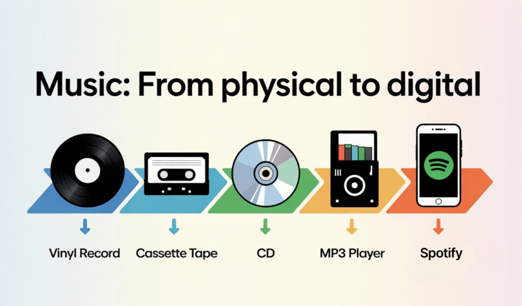Timeline of music formats transitioning to digital streaming platforms.