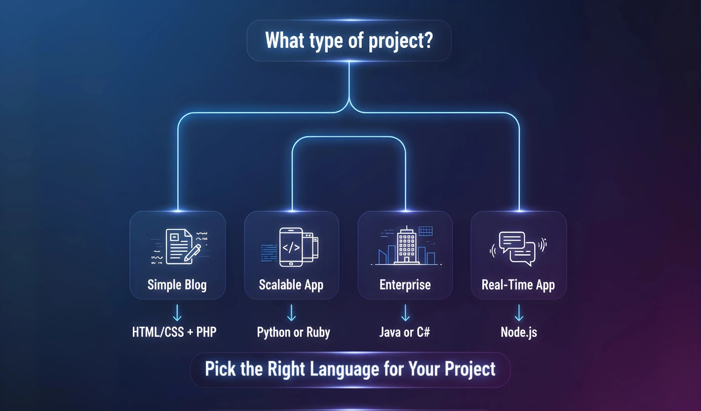 Flowchart showing how to pick programming languages for web development.