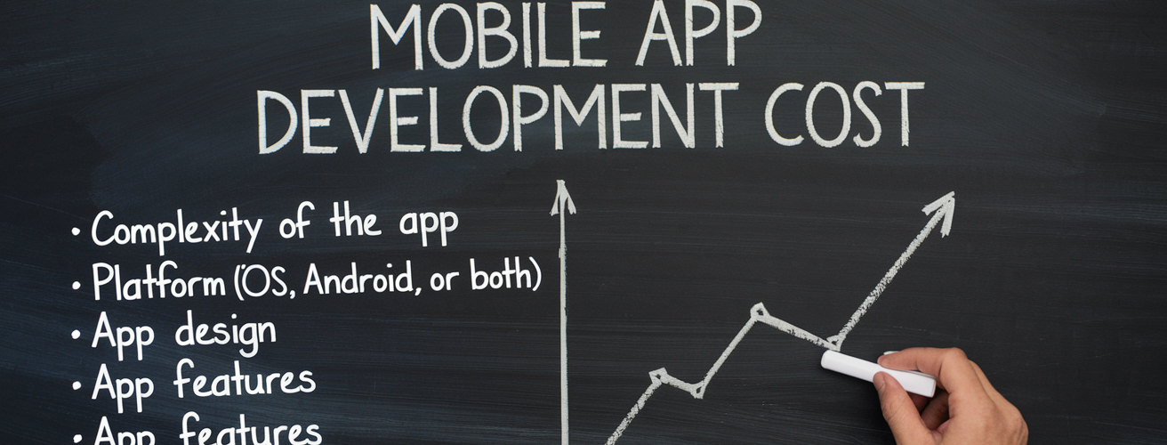 a person xplaining Mobile app development cost on a black board with graphs and factors mentioned