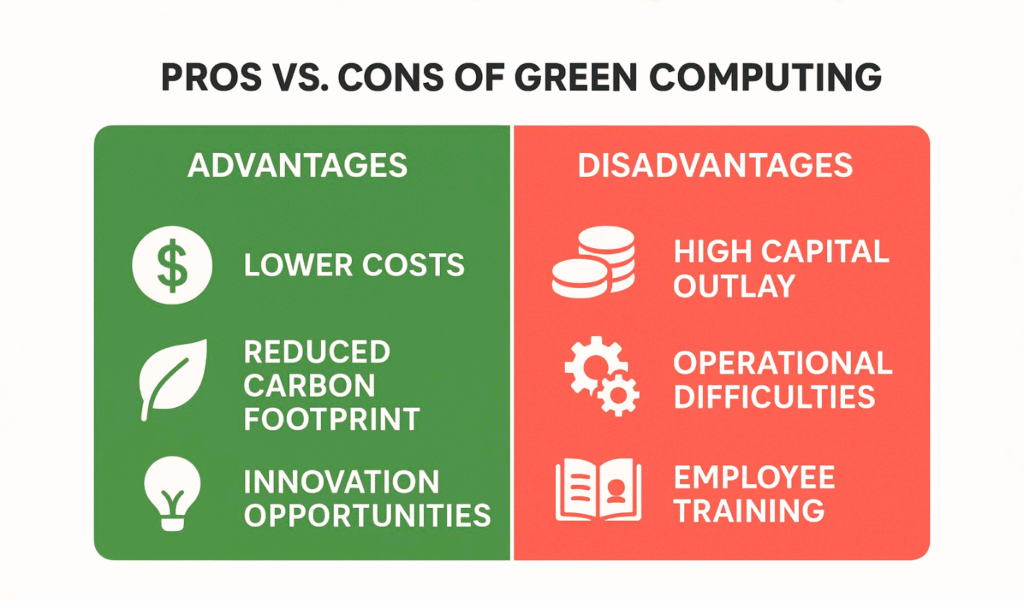 Comparison chart of green computing advantages vs. disadvantages.
