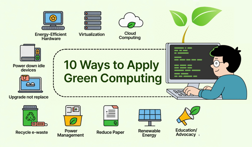 Infographic of 10 practical green computing methods.