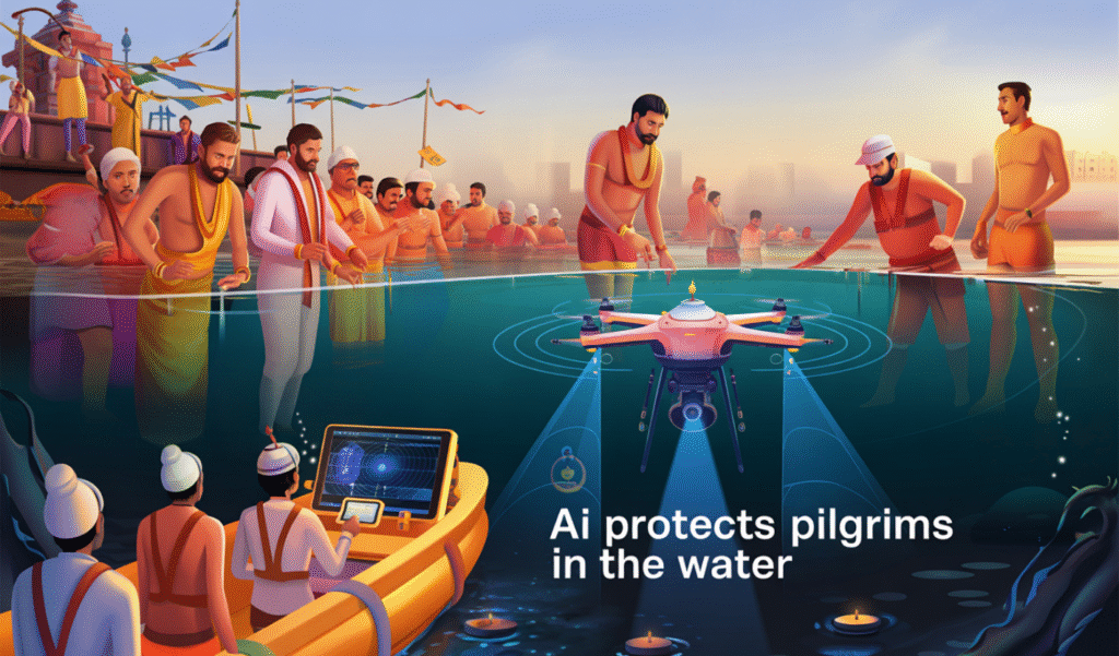 Underwater AI drones monitoring river safety during ritual baths.