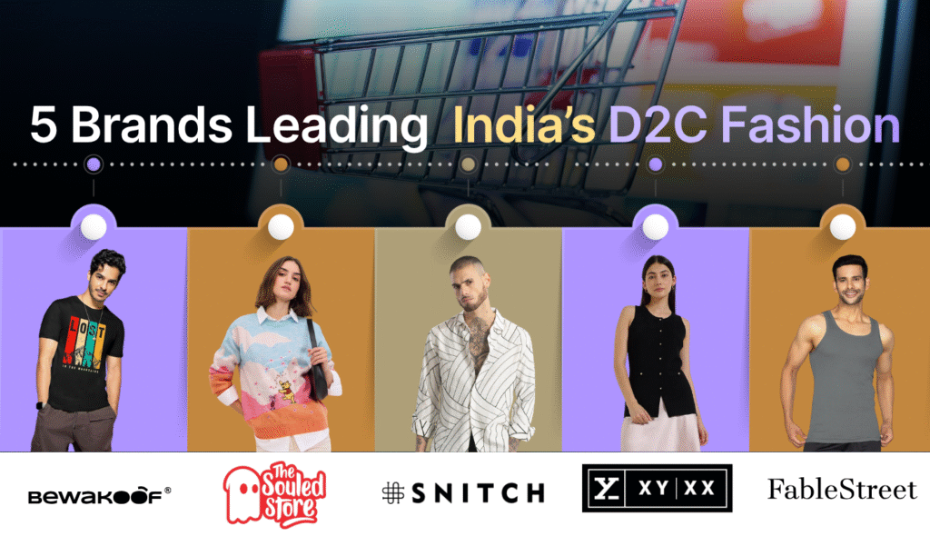 Infographic comparing top 5 D2C fashion brands in India with highlights.