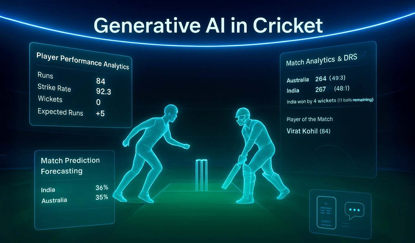 Generative AI creating cricket match simulations, training, and commentary.
