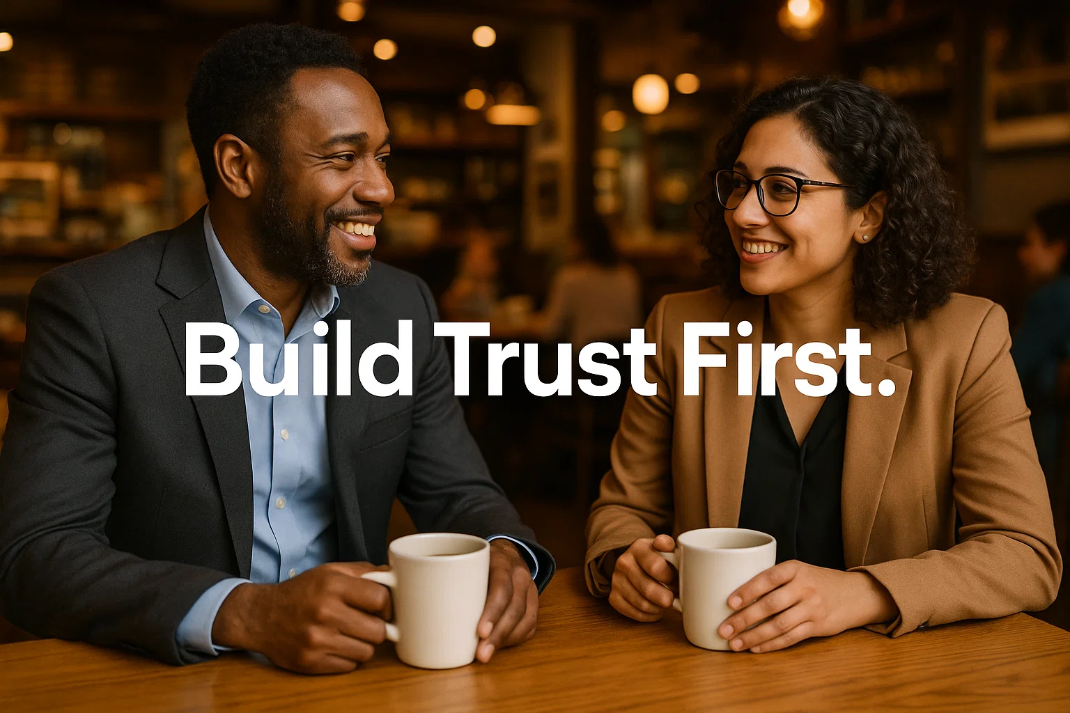 two business person sitting in a cafe with coffee mug discussing business and building trust in each other with tagline sayoing "build trust first"