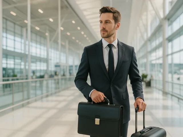 A businessman in an airport going USA business trip