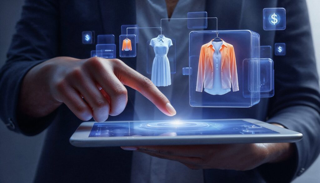 person developing and testing ai in ecommerce solution with tablet in hand and garment holograms