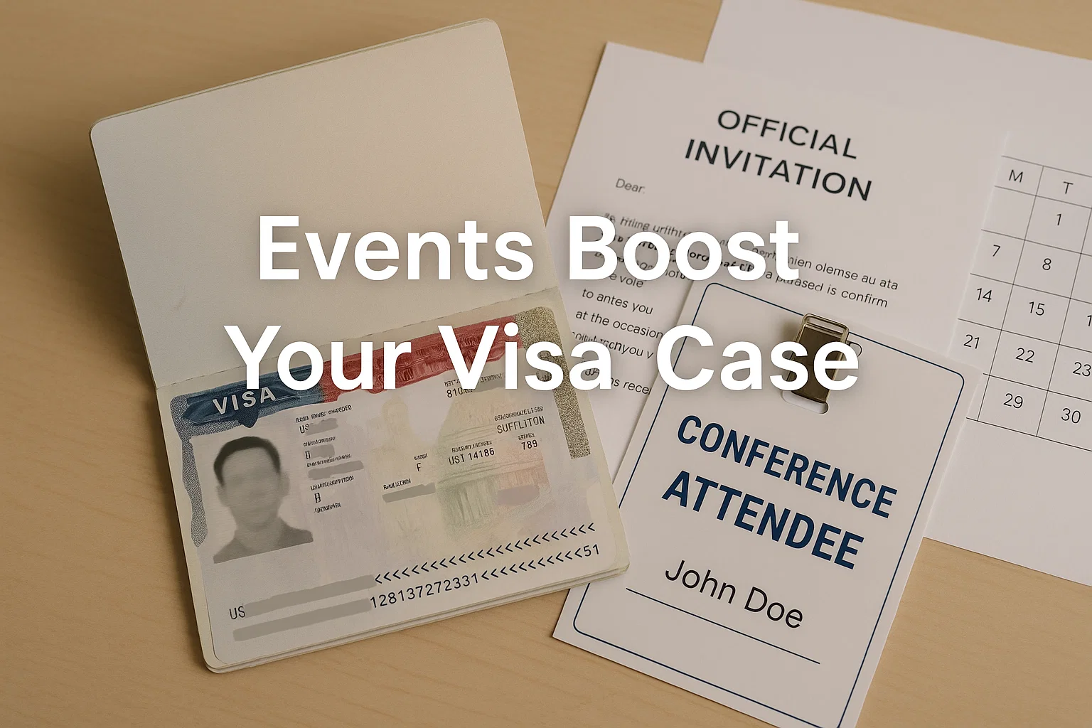 U.S. business visa with event invitations and conference badge.