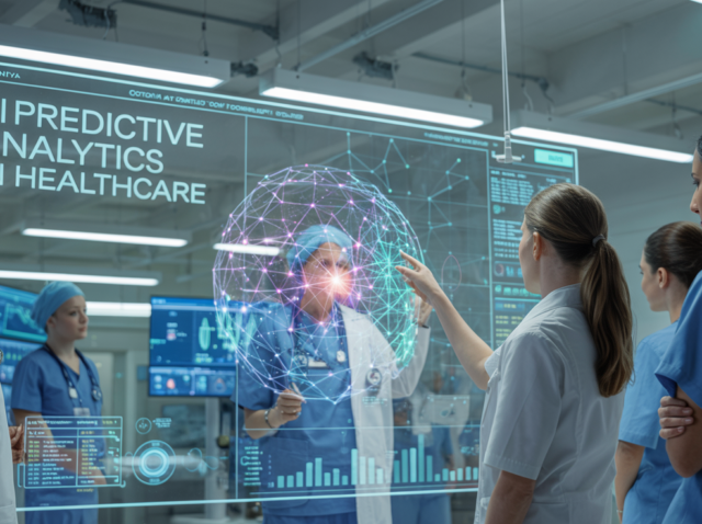 AI Predictive Analytics in Healthcare - Transforming Patient Outcomes Care team studying AI predictive analytics dashboard on a glass screen with a neural network sphere
