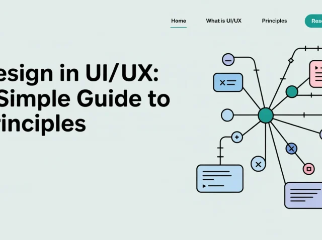 Design in UI UX guide banner with node diagram and top menu