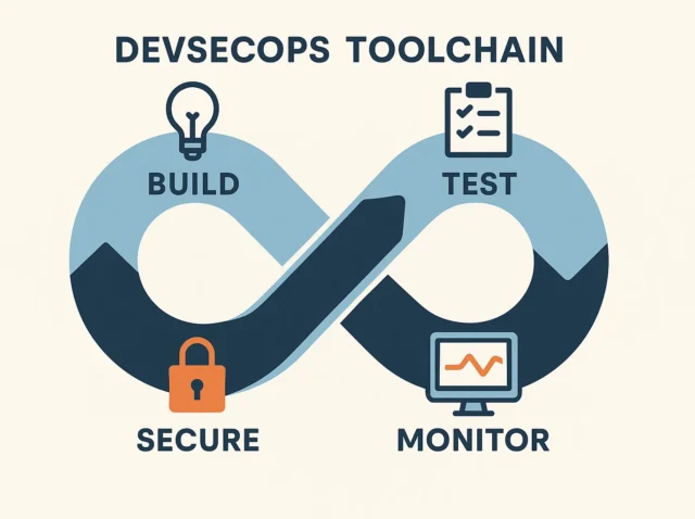DevSecOps toolchain infinity loop showing Build, Test, Monitor, and Secure with icons