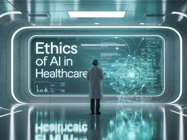 Ethics of AI in Healthcare - Balancing Innovation and Responsibility (1) Doctor reviewing large screen titled “Ethics of AI in Healthcare” with neural network graphic