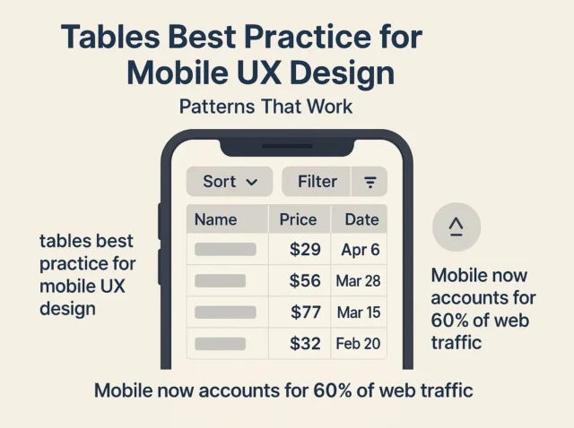 Mobile UX tables graphic with phone list and Sort and Filter controls