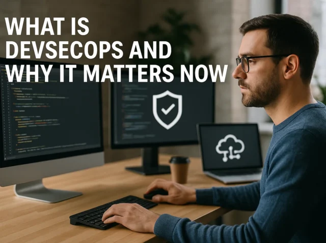 DevSecOps banner with developer at desk and security shield icon
