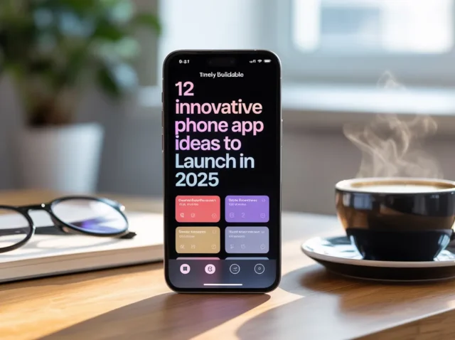 12 Innovative Phone App Ideas to Launch in 2025 (1) Smartphone on desk showing “12 innovative phone app ideas to launch in 2025” beside glasses and a steaming coffee