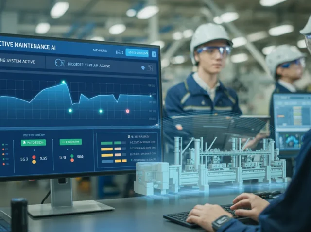 AI for Predictive Maintenance in Manufacturing - A Game Changer for Efficiency and Reliability (1) Engineers using AI-powered predictive maintenance dashboard in a smart factory.