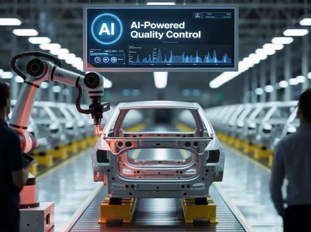 Exploring the Impact of AI in Automotive Manufacturing - Revolutionizing Production and Innovation (1) Robotic arm inspecting car body under AI-powered quality control system.