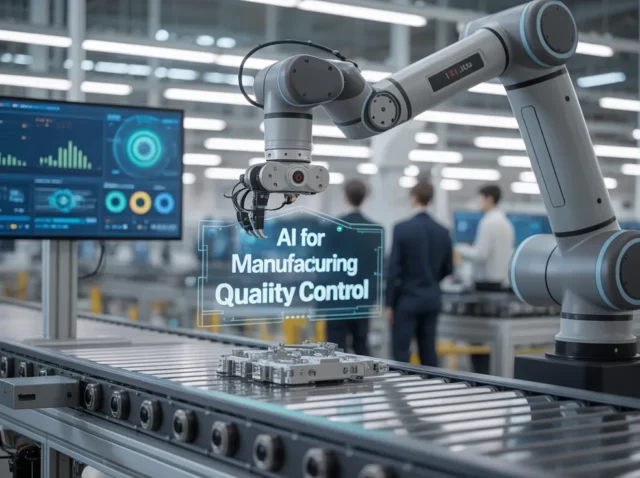 Harnessing AI for Manufacturing Quality Control - Transforming Production Efficiency (1) Industrial robot using AI software for precision quality checks on production line.
