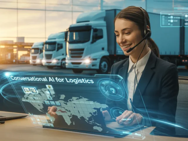 Revolutionizing the Supply Chain with Conversational AI for Logistics (1) Logistics manager using conversational AI dashboard to coordinate truck fleets.