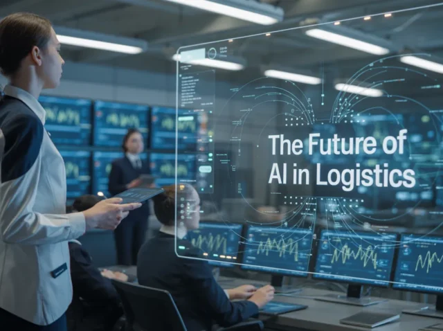 The Future of AI in Logistics - Transforming the Supply Chain Landscape (1) Businesswoman analyzing AI logistics data on futuristic control screens.