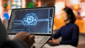 call center worker using ai tech