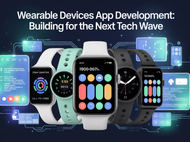 Row of smartwatches with colourful app icons and health tracking screens on a dark digital background, representing wearable devices app development.