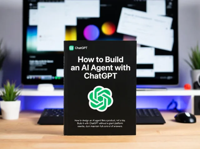 Book titled How to Build an AI Agent with ChatGPT placed on a desk with computer screens and code in the background