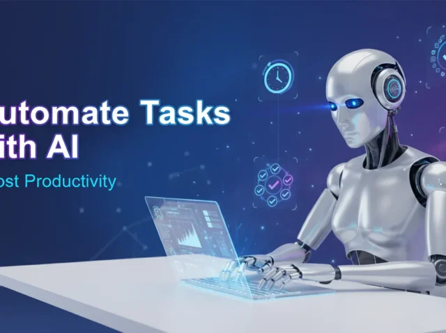 Robot using AI to automate tasks at a laptop, with charts and checklists, boosting productivity.