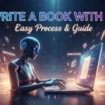 AI robot typing on a laptop with book writing and AI assist icons around the screen.