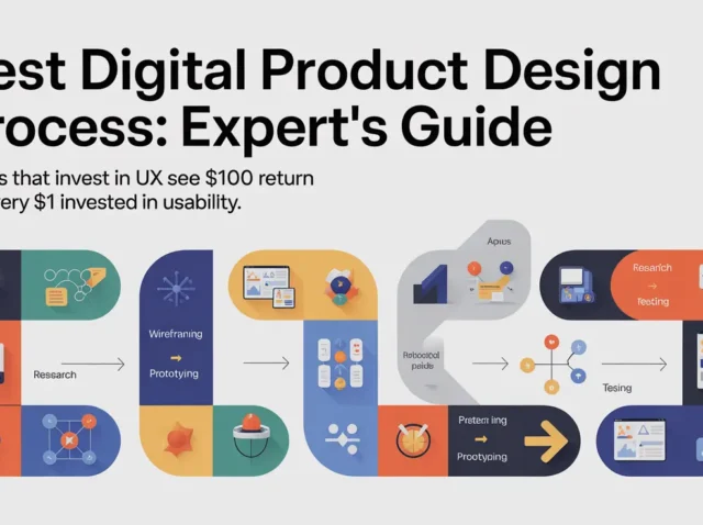 Illustrated roadmap of the digital product design process with research, wireframing, prototyping, and testing