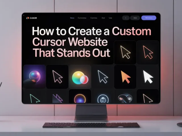 Monitor displaying a gallery of custom cursor styles with a bold headline.