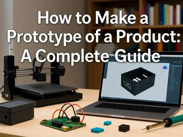 Desk with 3D printer, laptop showing box CAD, PCB, and a soldering iron used for prototyping.