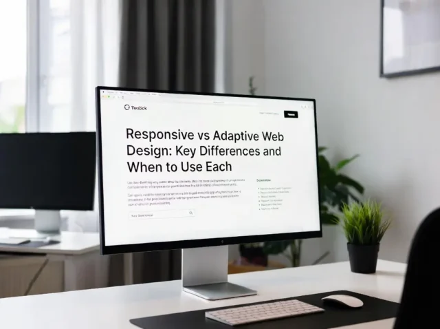 A desktop monitor displaying an article titled “Responsive vs Adaptive Web Design: Key Differences and When to Use Each,” illustrating a workspace focused on modern web design principles.