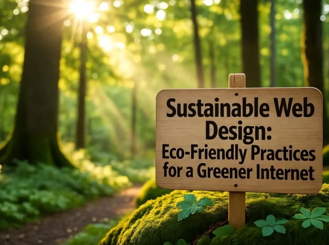 Forest scene with a wooden sign that reads Sustainable Web Design and Eco-Friendly Practices.