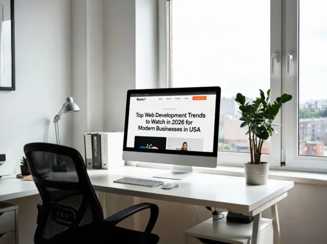A modern office workspace with a computer displaying the article “Top Web Development Trends to Watch in 2026 for Modern Businesses in USA,” symbolising digital innovation and web design focus.