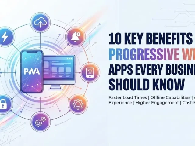 10 Key Benefits of Progressive Web Apps Every Business Should Know Progressive web app concept with phone and desktop icons connected in a circular layout showing key PWA features.