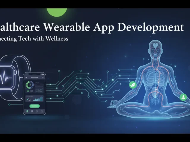 Healthcare wearable app concept showing smartwatch, smartphone interface, and a digital human body outline symbolizing connected health monitoring and wellness technology.