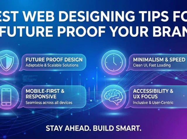 Web design tips banner with four feature cards for future proof design, speed, mobile responsive, and UX accessibility