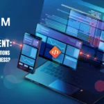 Custom web app development illustration showing responsive dashboards on a laptop, tablet, and smartphone