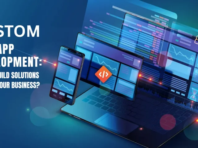 Custom web app development illustration showing responsive dashboards on a laptop, tablet, and smartphone