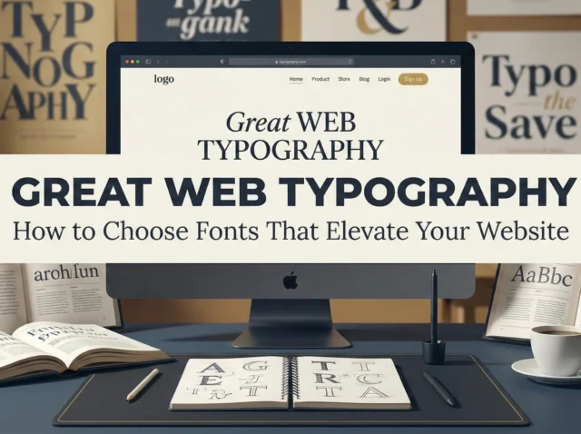Great Web Typography - How to Choose Fonts That Elevate Your Website Great web typography poster on a desktop screen surrounded by books and font samples on a design desk.