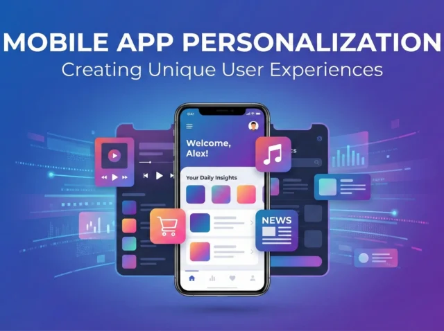 How to Create Unique User Experiences with Mobile App Personalization Mobile app personalization screen with user dashboard and colourful icons for music, shopping, news and insights.