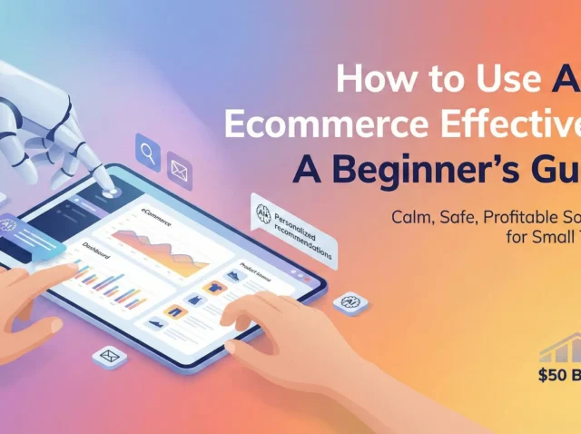 AI in ecommerce banner with robot hand and people using a tablet dashboard, plus growth chart icon