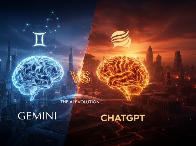 Gemini vs ChatGPT split image with blue and orange brain graphics over city skylines