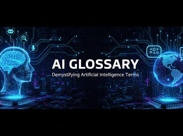 AI glossary header image with neon blue tech interface, digital head silhouette beside a glowing globe
