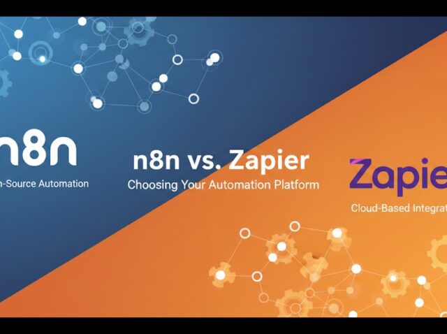 n8n vs Zapier banner with blue and orange split background, showing automation platform logos