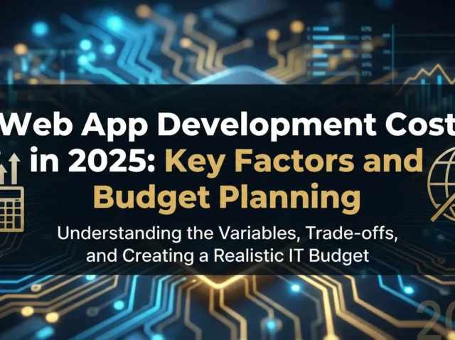 Web App Development Cost in 2025 - Key Factors and Budget Planning Web design trends 2025 banner with glowing blue and purple circuit graphics around the title